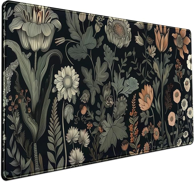 Aesthetic Vintage Dark Flower Plants Wildflowers Large Gaming Mousepad XXL Keyboard Mouse Mat Full Desktop Mat Women Desk Cover Mat for Work Office Home 31.5x15.8 in