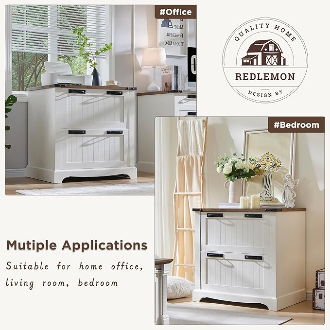 RedLemon Farmhouse Filing Cabinets with 2 Drawers, 30" File Cabinets with Hanging File Folders for A4/Letter/Legal Size Documents, Office Storage Cabinet for Study Room, Living Room (Antuique White)