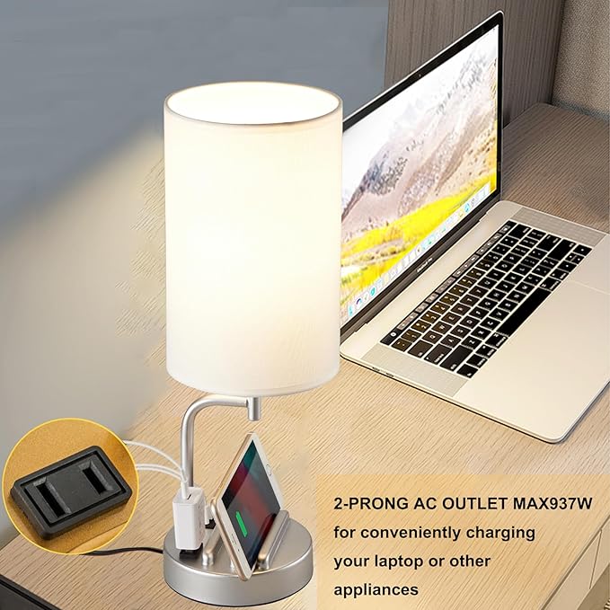 Dreamholder Touch Control USB Table Lamp, Upgraded 3-Way Dimmable Bedside Desk Lamp with USB C & A Charging Ports and AC Outlet, Nightstand Lamp for Bedroom, Dimmable Bulb Included, Silver