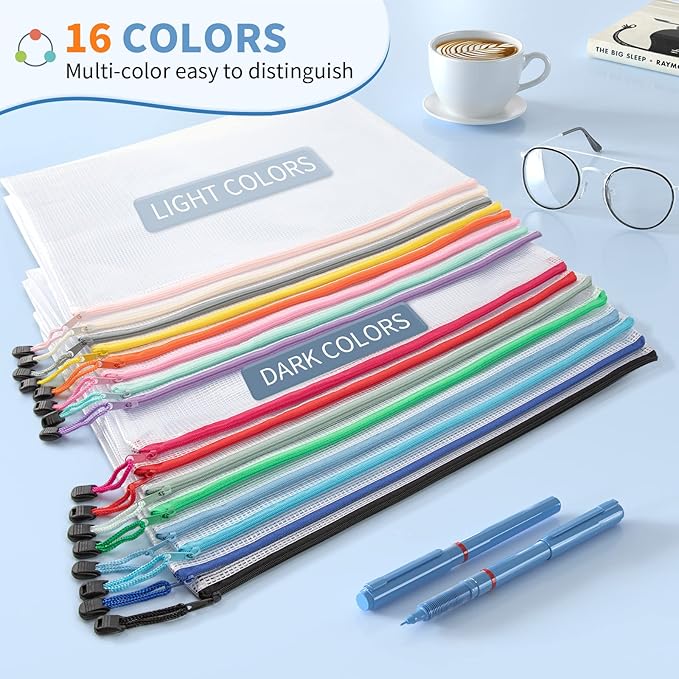 Umriox 16 Pack A5 Zipper Pouch, Mesh Bags with Zipper, Pencil Pouches, Zipper Bags for Puzzles, Office and Travel Supplies
