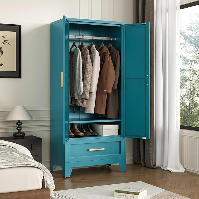 71" Tall Metal Wardrobe Cabinet with Drawer and Hanging Rod, 2 Doors Armoire Wardrobe Closet with Shelf for Bedroom, Office, Laundry Room, Blue