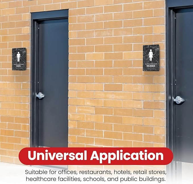 Promot Men and Women Restroom Sign – ADA Braille Bathroom Sign for Business, Self-Adhesive, 9" x 6", Commercial Door Signage, Office Wall Decor - Marble Charcoal