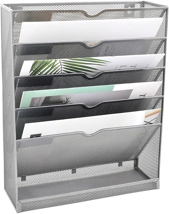 EASEPRES Mesh Wall File Organizer 6 Tier Vertical Mount Hanging Holder Magazine Rack with Bottom Flat Tray, Sides Closed, Silver