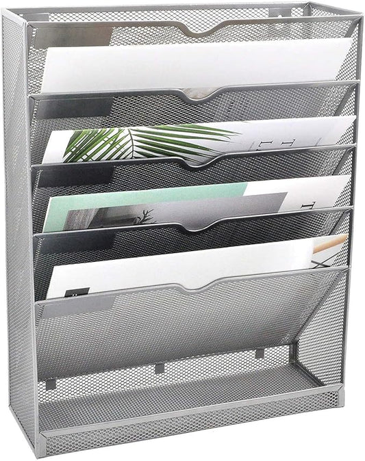 EASEPRES Mesh Wall File Organizer 6 Tier Vertical Mount Hanging Holder Magazine Rack with Bottom Flat Tray, Sides Closed, Silver