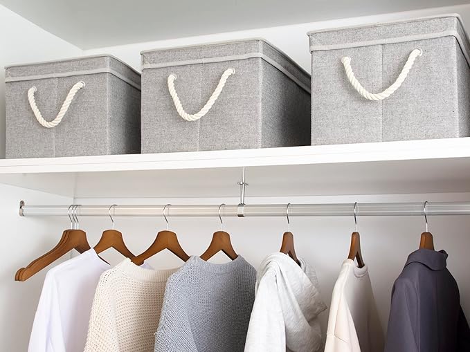 StorageWorks Storage Bins with Lids, Decorative Storage Boxes with Lid and Soft Rope Handles, Foldable Storage Baskets for Closet, Shelves, Stackable, Gray, Jumbo, 3-Pack