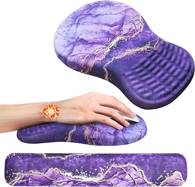 MEKASS Ergonomic Mouse Pad and Keyboard Wrist Rest Set, Super Soft Memory Foam Desk Wrist Support Cute for Computer Keyboard, Non-slip Arm Rests Cushion for Typing Gaming Office Laptop (Purple Marble)