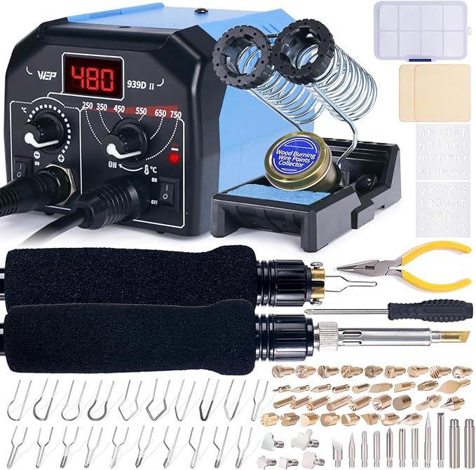 WEP 939D-II 2-IN-1 Wood Burning Kit 86-IN-1 with 51 Solid Points and 20 Wire Nibs Wood Burner with 2 Letter Number Stencils, 2 Unfinished Wood, 1 Pen Holder, Burning Tool