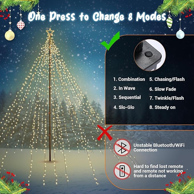 Yescom 4840 LED 20Ft Flag Pole Christmas Tree Light Kit 120V Giant-Sized Outdoor Decoration Event with Star Top 28 String Telescopic for Holiday Display Yard Commercial Carnival Lighting in Park