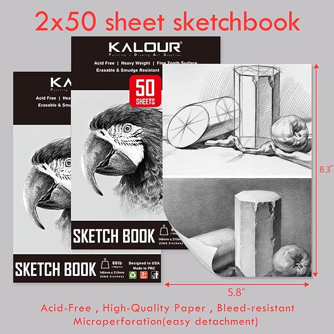 KALOUR 52-Pack Sketch Drawing Pencils Kit with Two Sketchbook,Tin Box,Include Graphite,Charcoal and Artists Tools,Pro Art Drawing Supplies for Adults Beginner Kids