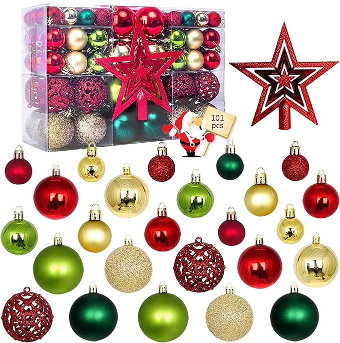 101 PCS Christmas Tree Ornaments Decoration Set, Red Golden Green Shatterproof Plastic Baubles Christmas Balls for Xmas Holiday Decorations