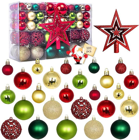 101 PCS Christmas Tree Ornaments Decoration Set, Red Golden Green Shatterproof Plastic Baubles Christmas Balls for Xmas Holiday Decorations