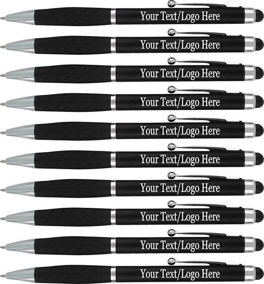 Personalized Stylus Pens With your Custom Logo or Text-300 Pack Bulk-for Businesses, Parties, and Events, 2 in 1 Ballpoint Pen & Stylus for Touchscreen Devices, Black Barrel, Black Ink