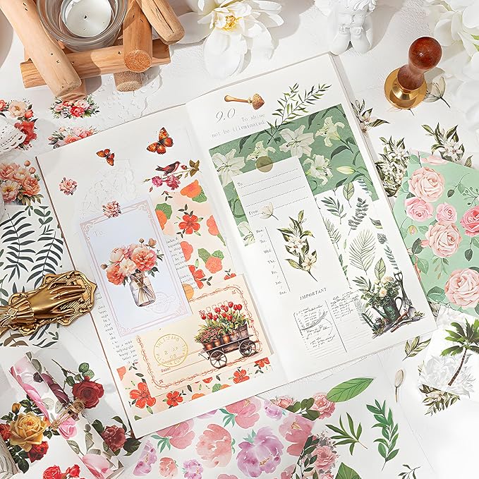 Snycler Scrapbooking Supplies, Vintage Journaling - 25 Sheets PET & 25 Sheets Paper Stickers, DIY Craft Stickers for Junk Journals, Ephemera Sticker Book, Green Leaf Themes, Pre-Cut Designs