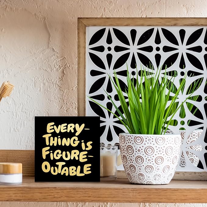 Inspirational Black Gold Office Decor, Every Thing is Figure Outable Motivational Office Accessories Wooden Box Sign, Inspirational Gifts for Women, Men Wall Desk Shelf Tabletop Decoration