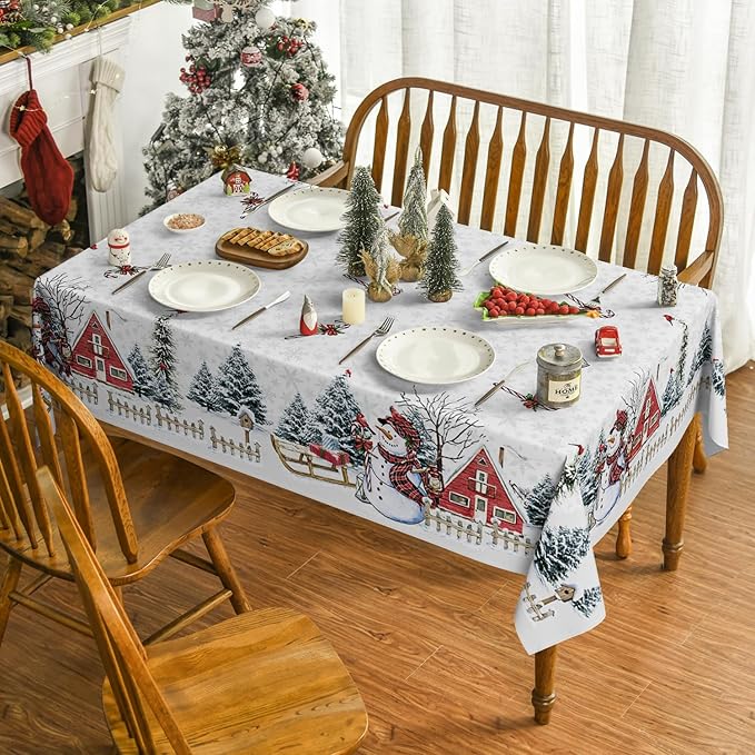 Horaldaily Christmas Tablecloth 52×70 Inch Rectangular, Winter Snowman House Christmas Trees Whirte Washable Table Cover for Party Picnic Dinner Decor
