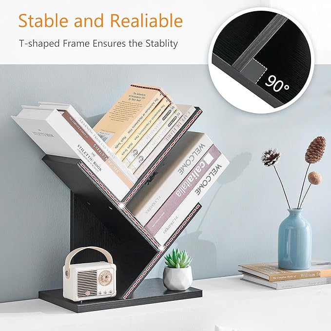 Tajsoon Tree Bookshelf 3 Tier Book Shelves Storage Organizer, Desktop Bookshelf Floor Standing Bookcase Display for CDs/Magazine/Books, Small Bookshelf for Bedroom, Living Room&Office, Black