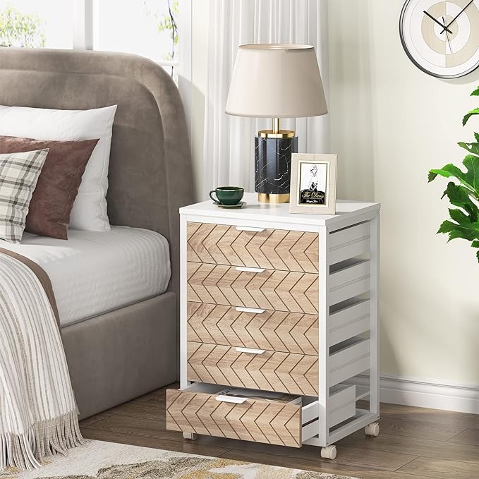 Tribesigns 5 Drawer Chest, Wood Storage Dresser Cabinet with Wheels, Industrial Storage Drawer Organizer Cart for Office Bedroom Entryway (Beige & White, 1 PC)