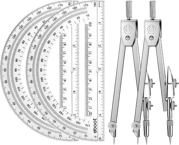 Zonon 2 Set Protractor and Compass Set, Student Geometry Math Set Drawing Compass and 6 Inch Clear Swing Arm Protractors 180 Degree Math Protractor
