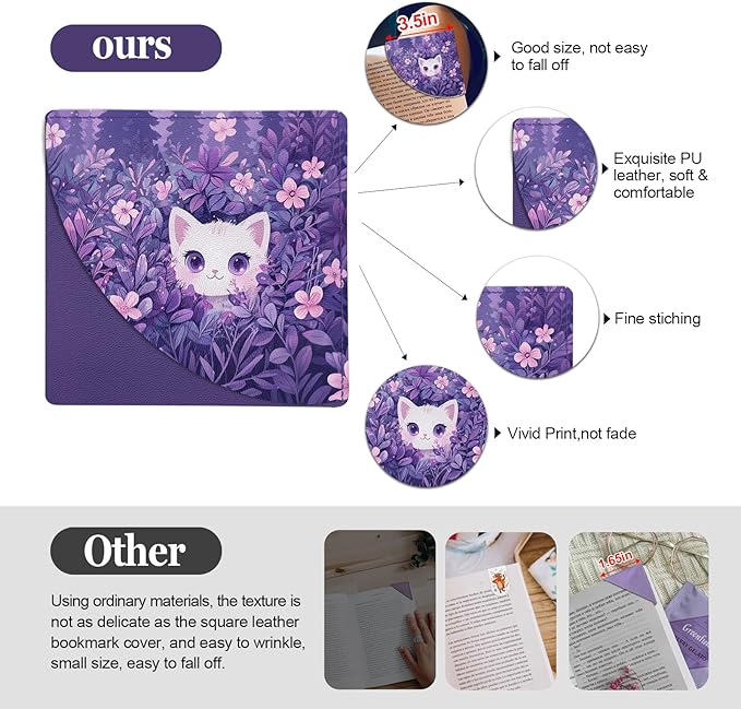 Cute Black Cat Bookmarks, Funny Leather Corner Page Book Accessories for Book Lovers, 4 Pcs Floral Reading Book Page Markers for Women Student Teacher Girls Retirement Birthday Gifts