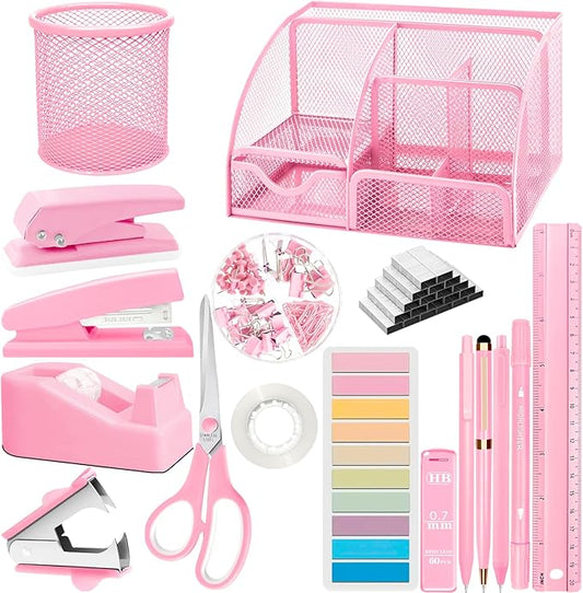 Pink Desk Accessories Set, 17Pcs Pink Office Supplies Kit Include Mesh Desk Organizer, Stapler, Tape Dispenser, Staple Remover, Pen Holder, Clips, Pens, Ruler, for Office Home School Women
