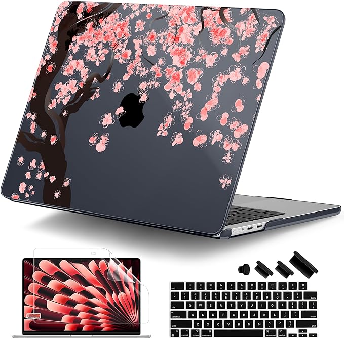 DONGKE Compatible with M4 MacBook Air 15 inch Case 2025 2024 2023 A3241 A3114 A2941 M3 M2 Liquid Retina Display Touch ID, Plastic Hard Case & Keyboard Skin & Screen Protector - Cherry Blossoms