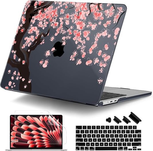 DONGKE Compatible with M4 MacBook Air 15 inch Case 2025 2024 2023 A3241 A3114 A2941 M3 M2 Liquid Retina Display Touch ID, Plastic Hard Case & Keyboard Skin & Screen Protector - Cherry Blossoms