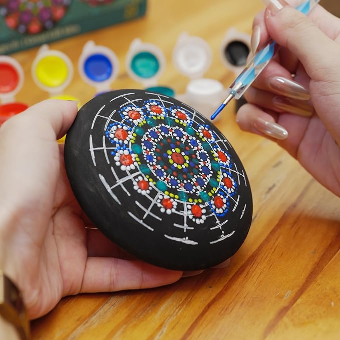 Mandala Rock Painting Kit – Mandala Dotting Tools Set - 5 Large Wooden Rocks + 6 Stencils + Acrylic Paints - Relaxing Arts and Crafts for Adults Women - DIY Hobbies Art and Projects Dot Art Kit
