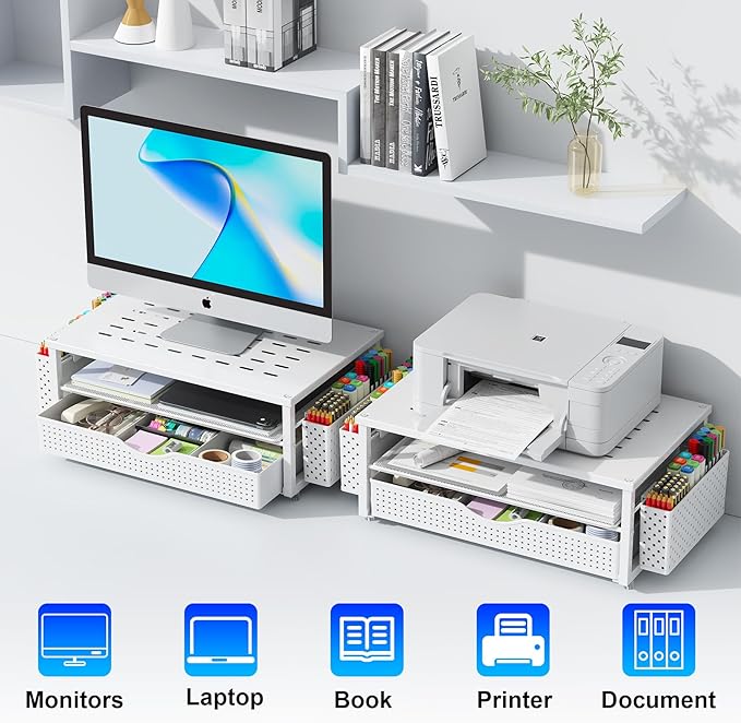 gianotter Desk Organizers and Accessories, Monitor Stand with Drawer and 2 Pen Holder, Desktop Organizer Suitable for Offices and Dormitories (White)