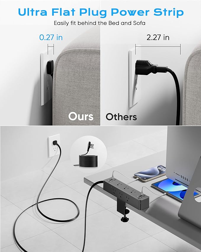 Flat Plug Desk Clamp Power Strip 15FT, 40W Total Fast Charging Station, Dual PD 20W USB C Ports, Desk Edge Mount Power Strip 9 AC Outlets 8 USB Ports(4 USB C) Surge Protector, Fit 1.7" Tabletop Edge