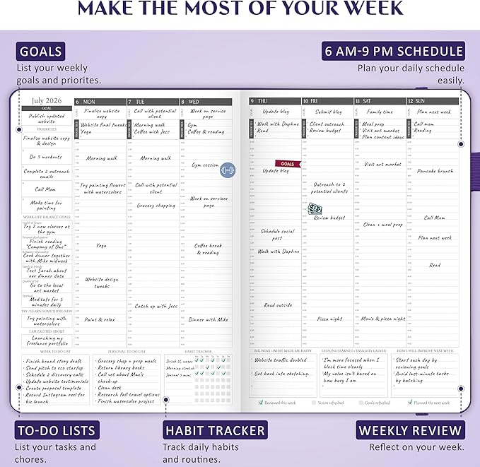 Legend Hourly Schedule Planner PRO Dated Jan 2026-Jan 2027 – Deluxe Weekly & Daily Organizer with Time Slots. Appointment Book Journal for Work & Time Management, A4 Hardcover, Purple