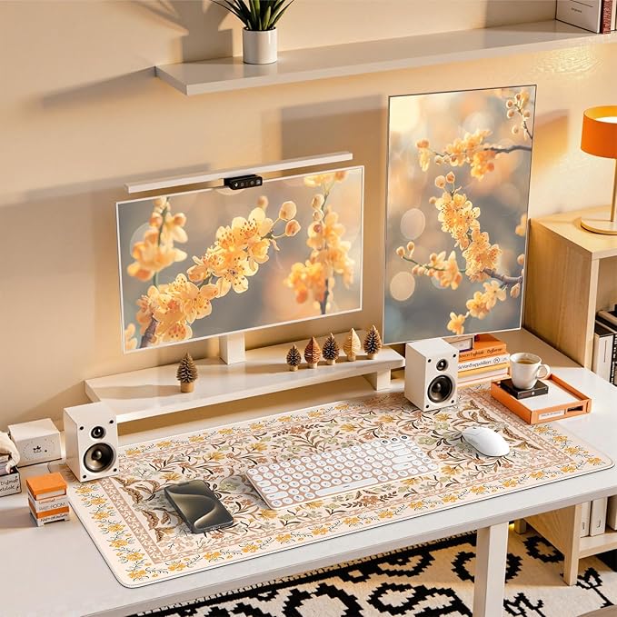 iCasso Desk Matt for Desktop, Cute Desk Pad Mat, XXL Large Mouse Pad, Anti-Slip Big Mousepad with Stitched Edges, Keyboard Pad Mouse Mat for Computer (Yellow Floral)