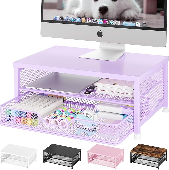 OPNICE Computer Monitor Stand Riser, Desk Organizers and Accessories with Drawer, Laptop Stand, Office Desk Accessories & Workspace Desktop Organizers Storage for Office Supplies(Purple)