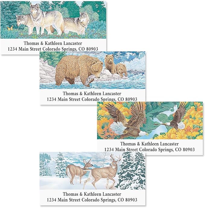 American Wildlife Personalized Return Address Labels- Set of 144, Large Self-Adhesive, Flat-Sheet Labels (4 Designs) by Colorful Images
