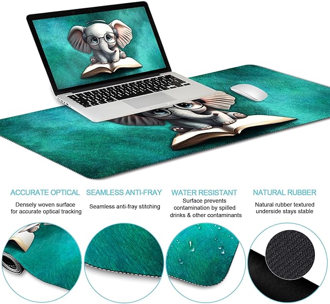Desk Mat Pad, Large Gaming Mouse Pad with Wrist Rest Wrist Support, Ergonomic Mouse Pad Keyboard Mat Wrist Rest, Cup Coaster, Home Office Desk Accessories Decor Supplies, Cute Elephant
