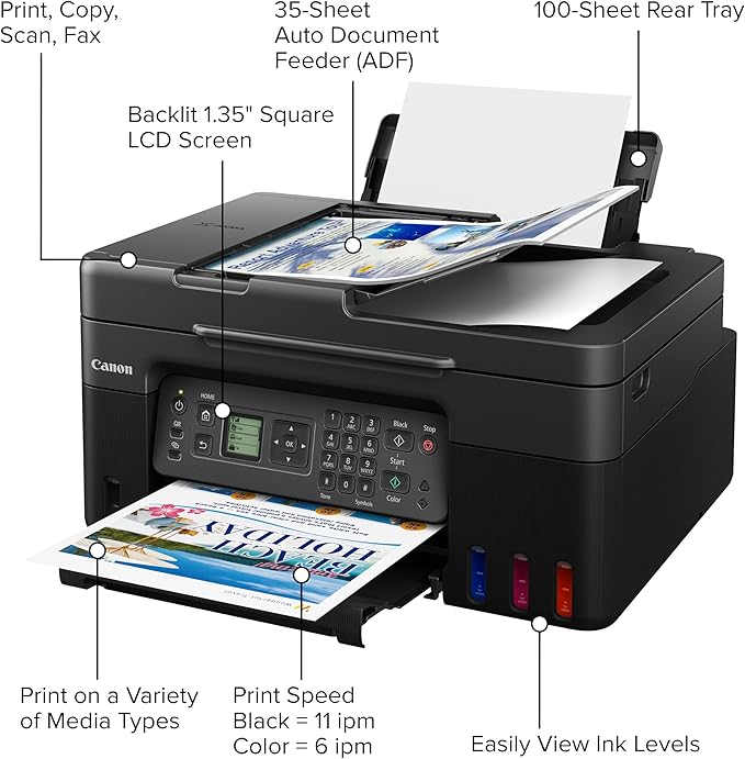 Canon Megatank G4270 All-in-One Wireless Supertank Printer |Print, Copy, Scan and Fax|with Airprint and Mopria Printing|Auto Document Feeder and Backlight 1.35" Square LCD Screen