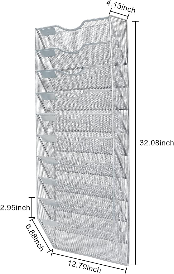 PAG Hanging Wall File Holder Organizer Mail Sorter Literature Rack for Office, 10 Pockets, Silver