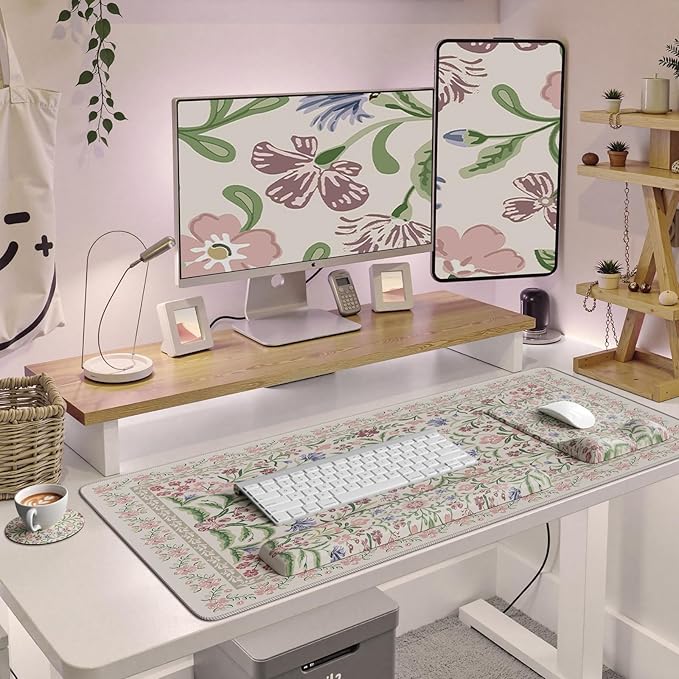 iCasso Mouse Pad with Wrist Rest,Large Desk Mat Set,Ergonomic Keyboard Pad with Wrist Support,Non-Slip Mouse Mat for Women,Cute Floral Computer Mat for Home Office Gaming (Purple Floral)