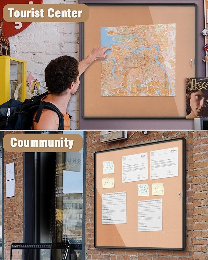 38"x38" Enclosed Bulletin Board, Lockable Weather-Resistant Aluminum Cork Noticeboard for School & Office Hospital, Black Frame w/Cork