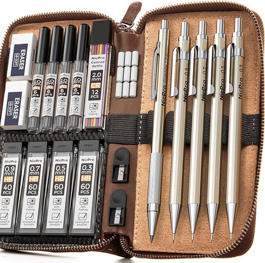 Nicpro 20PCS Metal Mechanical Pencil Set in Leather Case, 0.3 & 0.5 & 0.7 & 0.9 mm & 2mm Lead Pencil Holders, (4B 2B HB 2H) Lead Refills (Black & Colors), Erasers, For Art Drafting Sketching Drawing