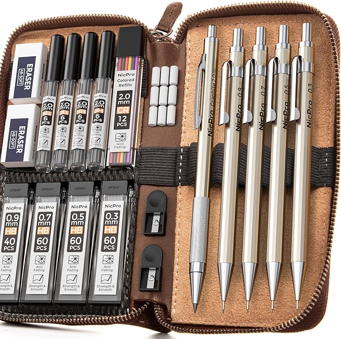 Nicpro 20PCS Metal Mechanical Pencil Set in Leather Case, 0.3 & 0.5 & 0.7 & 0.9 mm & 2mm Lead Pencil Holders, (4B 2B HB 2H) Lead Refills (Black & Colors), Erasers, For Art Drafting Sketching Drawing