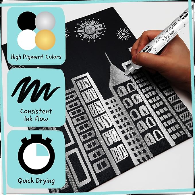 4 Dual Tip Acrylic Paint Pens - Fine Tip & Medium, Permanent & Waterproof - Acrylic Paint Markers for Rock Painting, Canvas, Wood, Ceramic, Glass, Fabric, Metal - White, Black, Gold & Silver