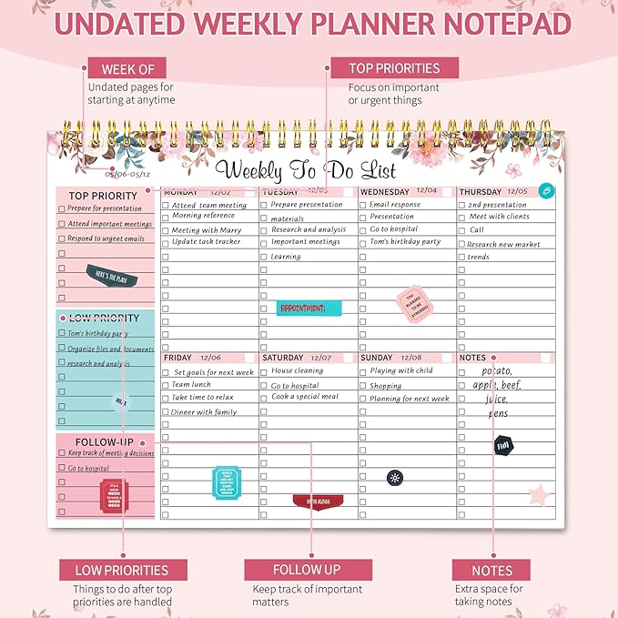 Weekly To Do List Notepad with 52 Undated Sheets, 8.5"×11" Weekly Desk Planner Undated Weekly Planner with Spiral Bound for Women & Man Home School and Work, Pink