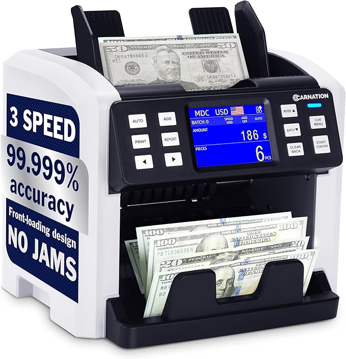 Carnation CR6 Mixed Denomination Money Counter Machine - Money Counter with UV/MG/IR Counterfeit Detection - 3 Speeds from 800~1000~1200N/M and Supported Currency USD/CAD/BRL/MXN/ARS/Pen/CLP/DOP/VES