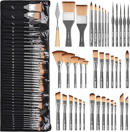 Nicpro 40 PCS Paint Brush Set, Professional Acrylic Paint Brushes with Palette Knife and Canvas Roll, Suitable for Acrylic Painting, Oil, Watercolor, Gouache, Art Supplies Painter Gifts for Artist