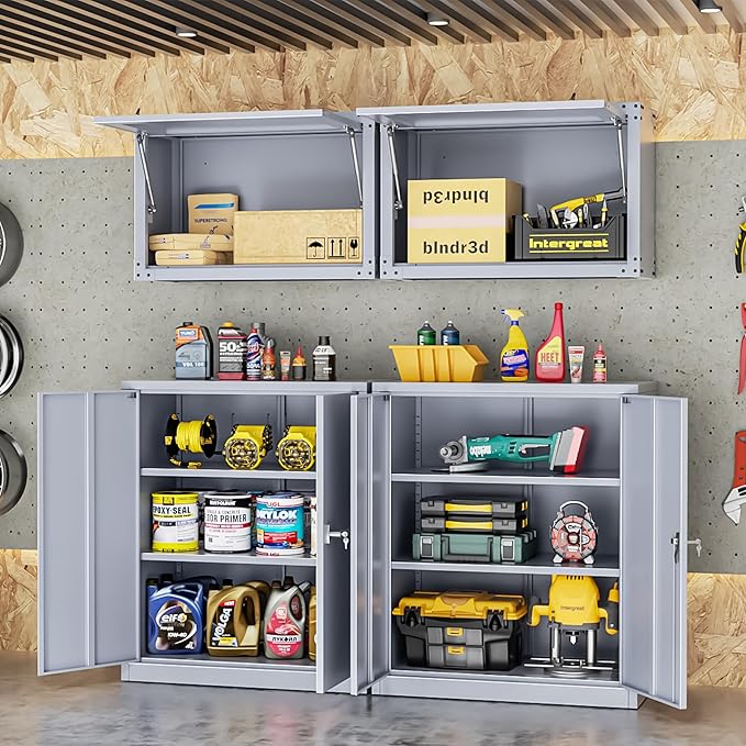 INTERGREAT Metal Cabinet with Lock, Lockable Metal Storage Cabinets with Doors and Shelves for Garage, Cement Grey Locking Garage Storage Cabinets 36"×32"×16"