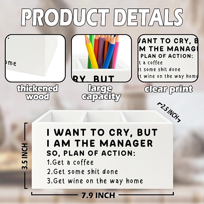 Funny Pen Office Pencil Holder Organizer for Desk, Manager Gifts for Women Men, Funny Coworker Gifts Wooden Box Sign for Home Office Desk Tabletop Decorations