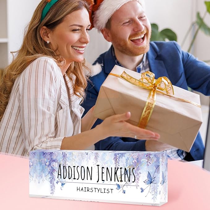 Custom Name Plate for Desk, Personalized Acrylic Office Name Sign with Name & Title, Elegant Desk Decor for Women Men, Employee Appreciation Gift (Wisteria)