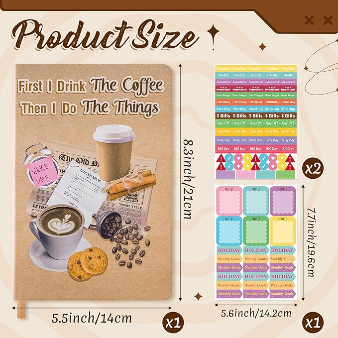 B1ykin Hardcover Ruled Journal Notebook with Planner Stickers, 196 Pages PU Leather Journal Notebook Journals Diary Notepad for Writing Travel Business Work School College Note Taking (Coffee)