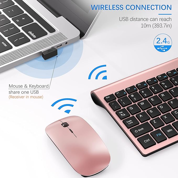 Wireless Keyboard and Mouse Ultra Slim Combo, TopMate 2.4G Silent Compact USB 2400DPI Mouse and Scissor Switch Keyboard Set with Cover, 2 AA & 2 AAA Batteries,for PC/Laptop/Windows/Mac-Rose Gold Black