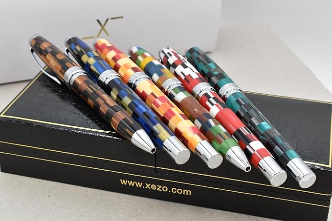Xezo Urbanite II Fountain Pen, Fine Nib. Sporty Red, Black, and White Checkered Acrylic on Brass. Chrome Plated. Handcrafted, Limited Edition, Serialized